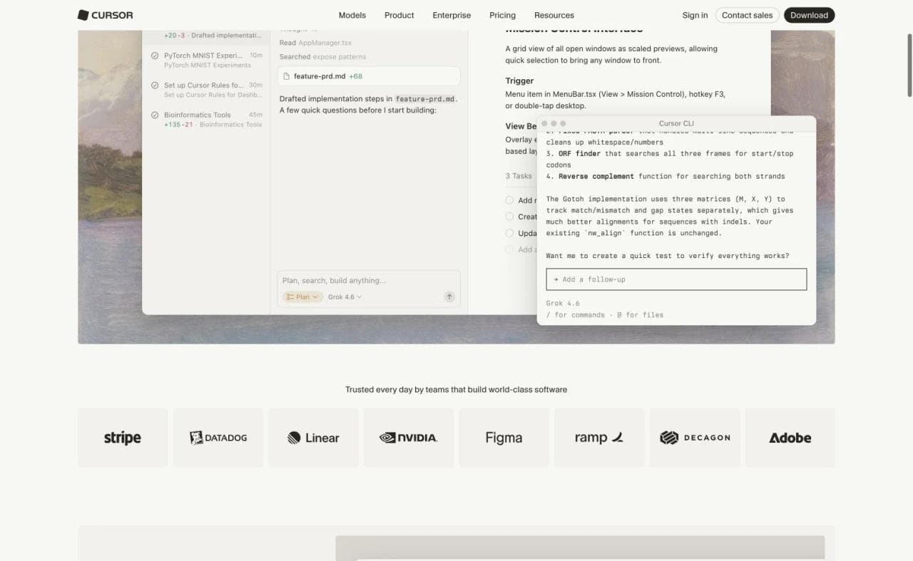 Cursor product demonstration combining an editor planning view with a command-line coding agent