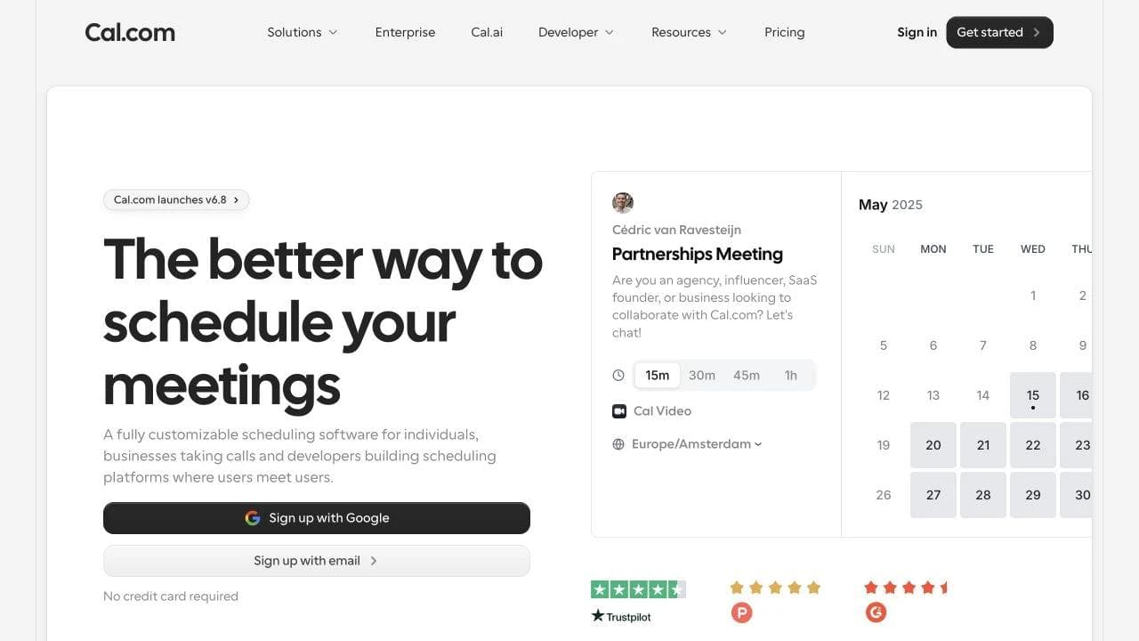 Cal.com homepage hero beside a realistic scheduling interface and signup options