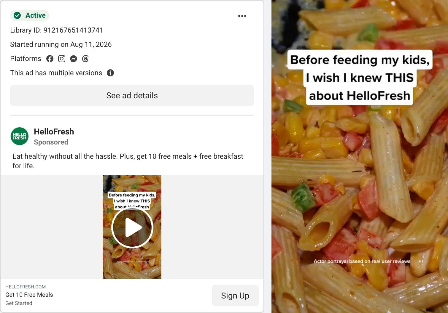 Meta Ad Library card for a HelloFresh video ad, with a frame showing a close-up of pasta under a caption that reads Before feeding my kids I wish I knew THIS about HelloFresh