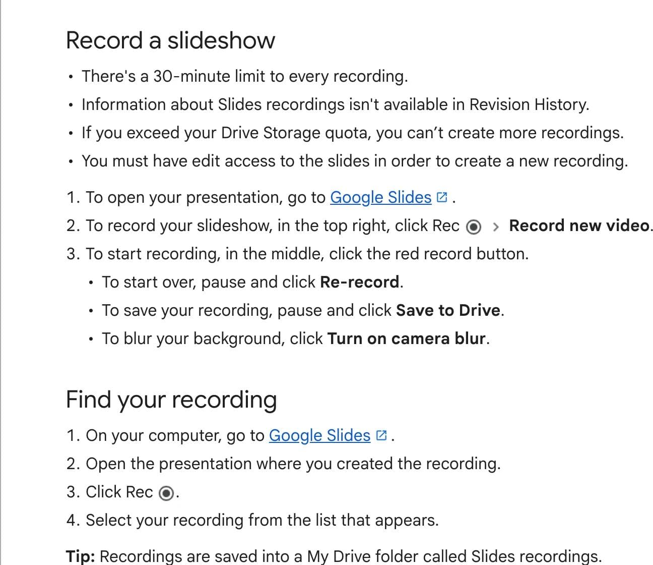 Google's documentation for slides recording, listing the 30-minute limit and other constraints