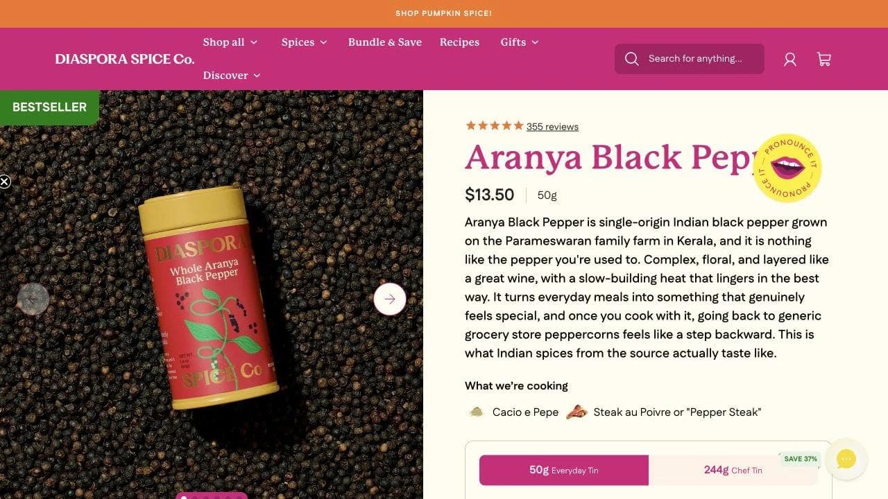 Diaspora Co Aranya Black Pepper product page with format price reviews and purchase controls