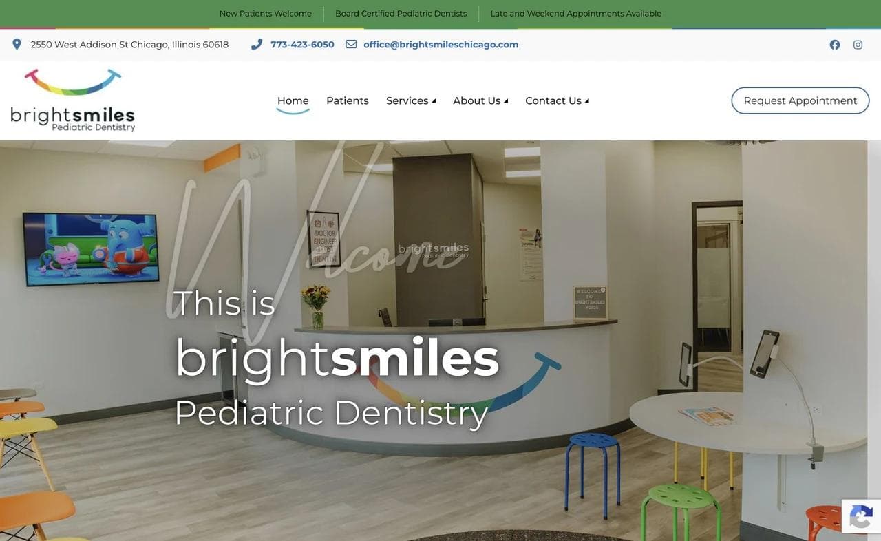 BrightSmiles Pediatric Dentistry homepage showing its colorful Chicago office and appointment button.