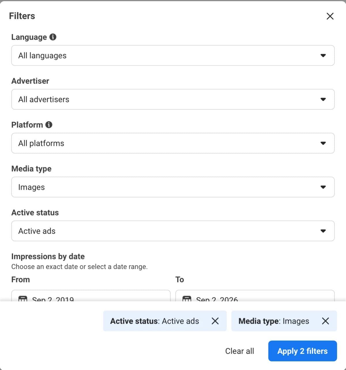 The Meta Ad Library Filters panel with Language, Advertiser, Platform, Media type, Active status, and Impressions by date