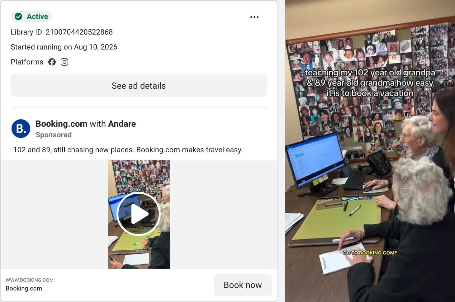 Meta Ad Library card for a Booking.com with Andare video ad, with a frame showing two elderly people at a desk under the caption teaching my 102 year old grandpa and 89 year old grandma how easy it is to book a vacation