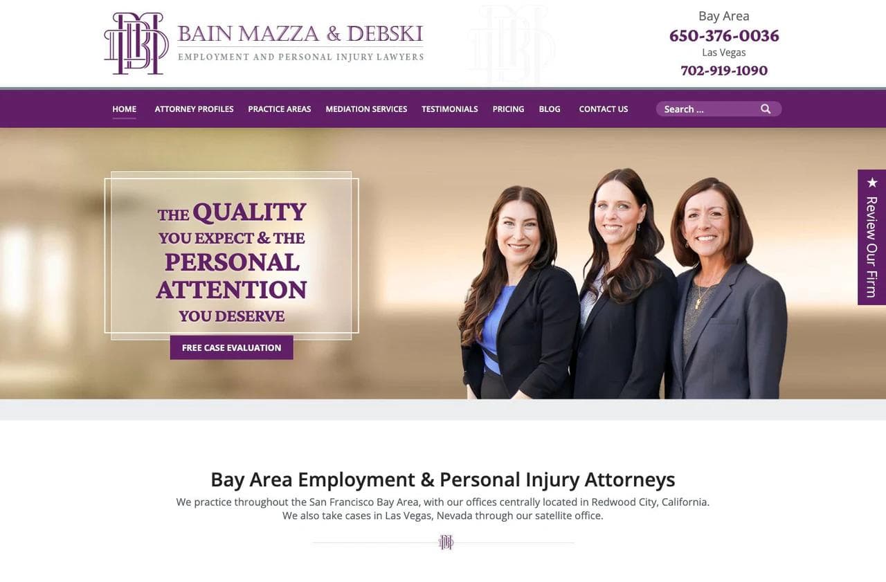 Bain Mazza and Debski homepage hero with all three attorneys and focused practice positioning
