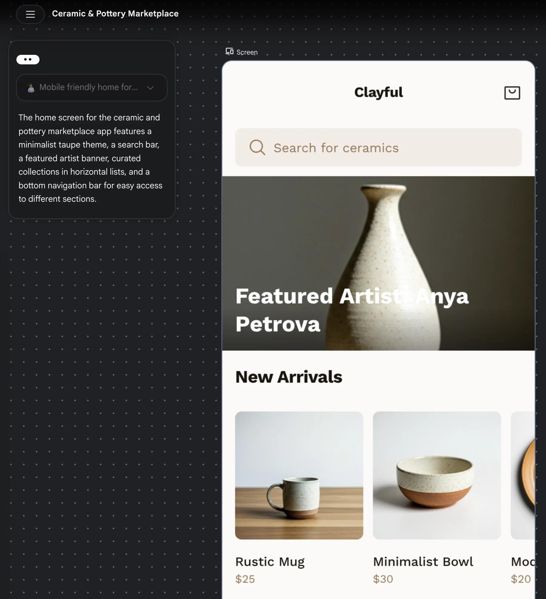 Stitch-generated mobile app UI for a ceramics marketplace called Clayful, showing a featured artist banner, product grid, and search bar alongside the AI description panel