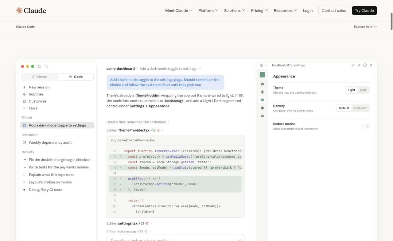 Claude Code demonstration showing an agent reading repository files, editing a React theme provider, and previewing the result