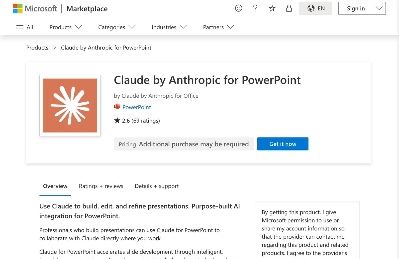 The Claude by Anthropic for PowerPoint listing on Microsoft Marketplace