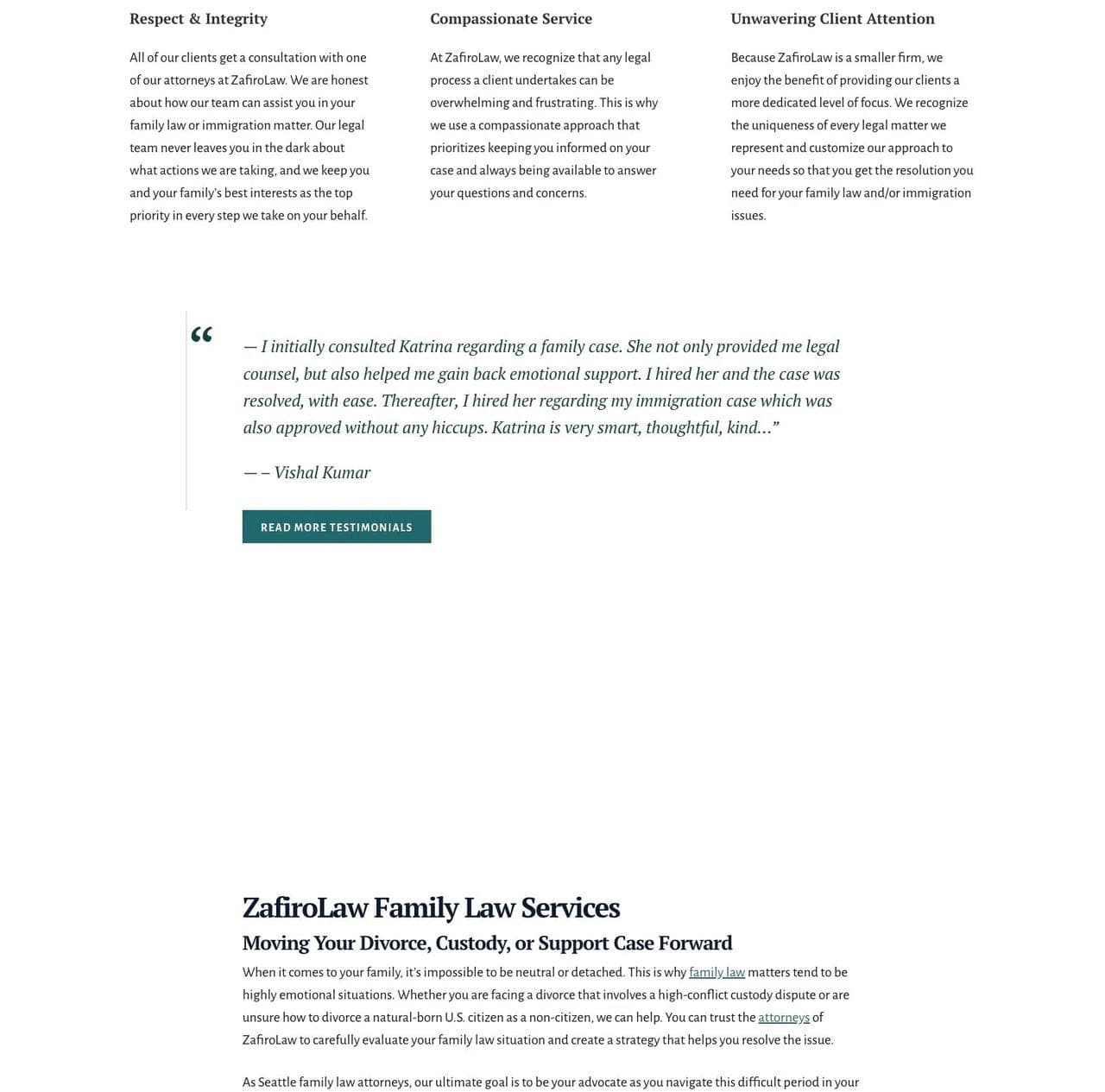 ZafiroLaw homepage sections connecting family law and immigration services