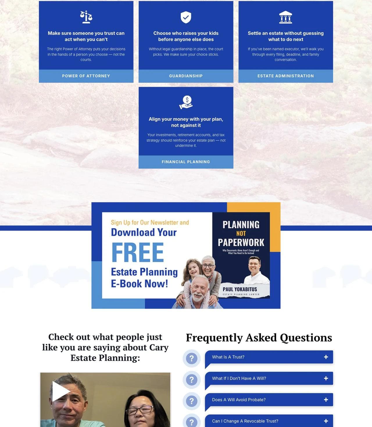 Cary Estate Planning homepage process, FAQs, life-stage navigation, and North Carolina locations