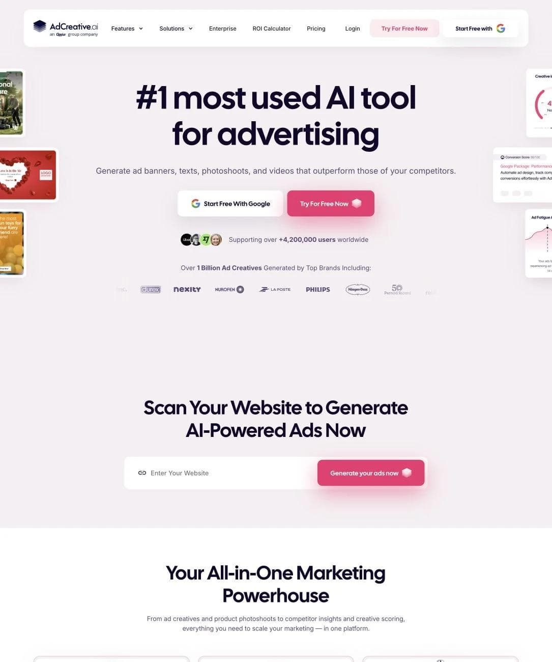 AdCreative.ai page showing its website-to-ad generator and examples of generated campaign creative
