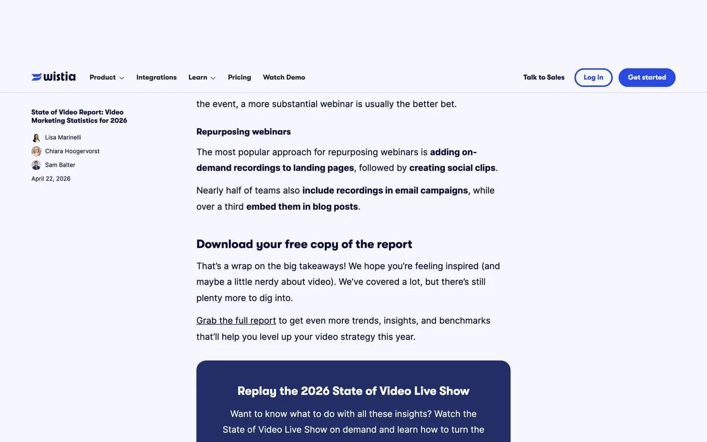 The lower section of Wistia's open report page, where a plain text link reading Grab the full report is the only download prompt