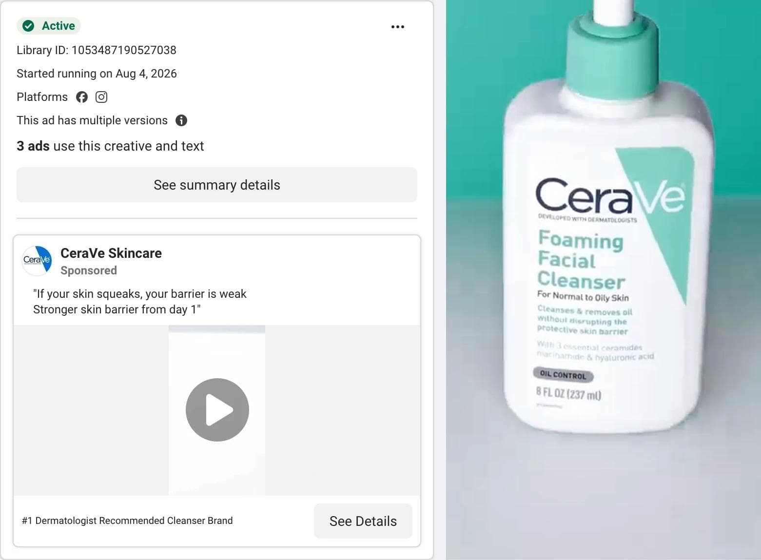 Meta Ad Library card for a CeraVe Skincare video ad, with a frame showing the Foaming Facial Cleanser bottle on a teal background