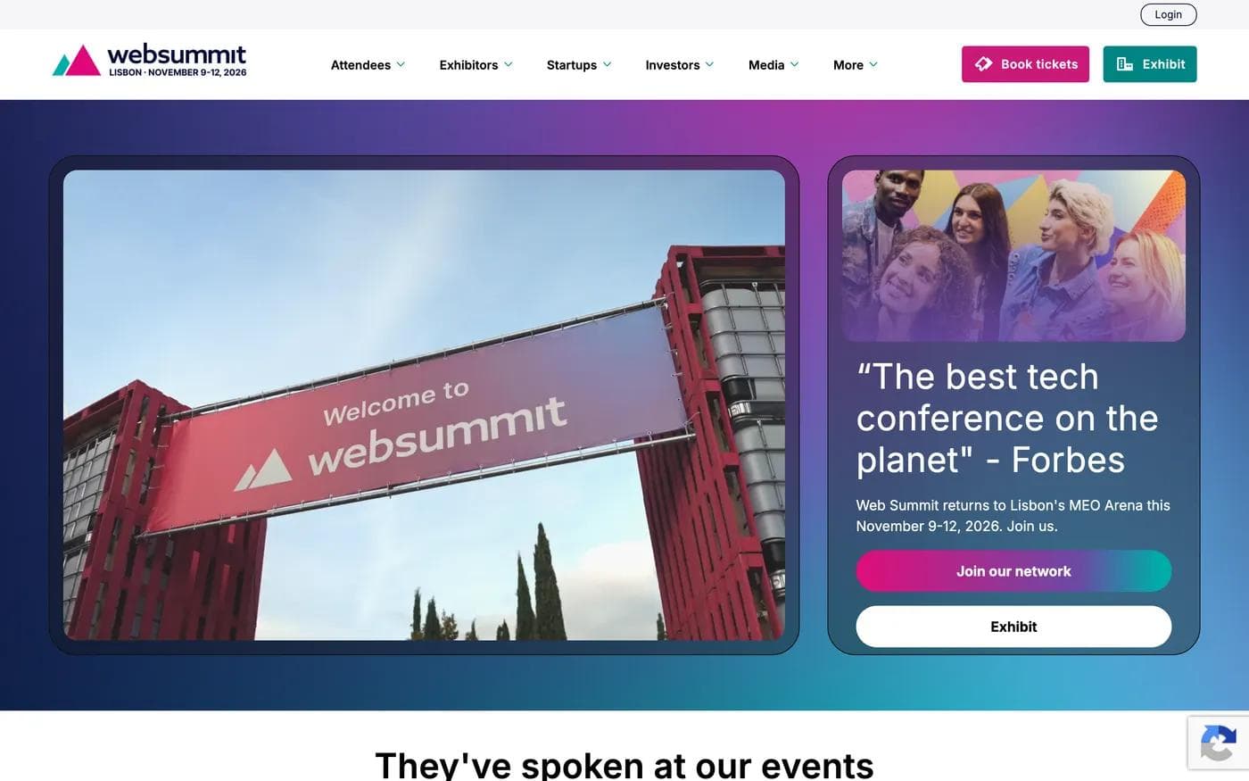 Web Summit landing page fold showing a photo panel, a Forbes pull quote, and buttons for Join our network and Exhibit, with Book tickets in the navigation