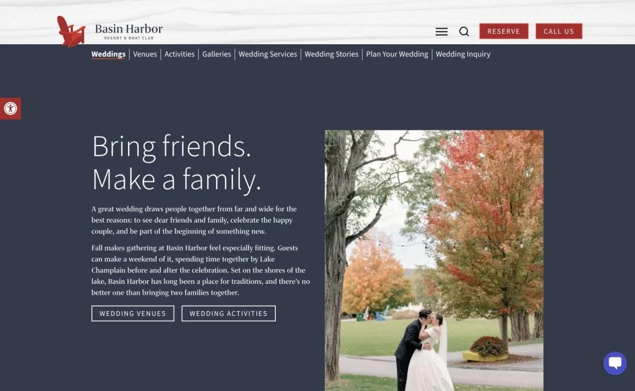 Basin Harbor wedding page with venue and activity paths
