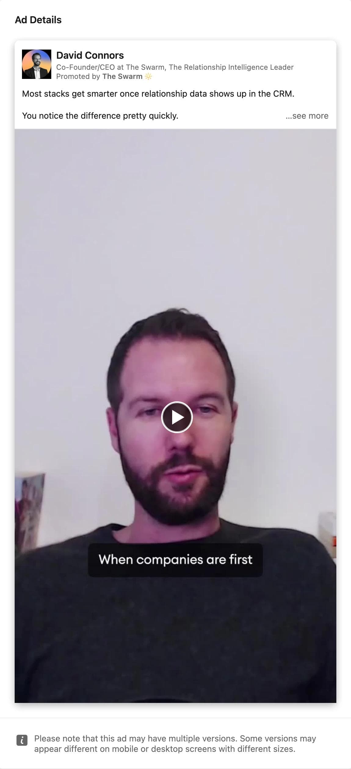 LinkedIn Thought Leader video ad from David Connors, promoted by The Swarm, a vertical selfie video with the caption When companies are first