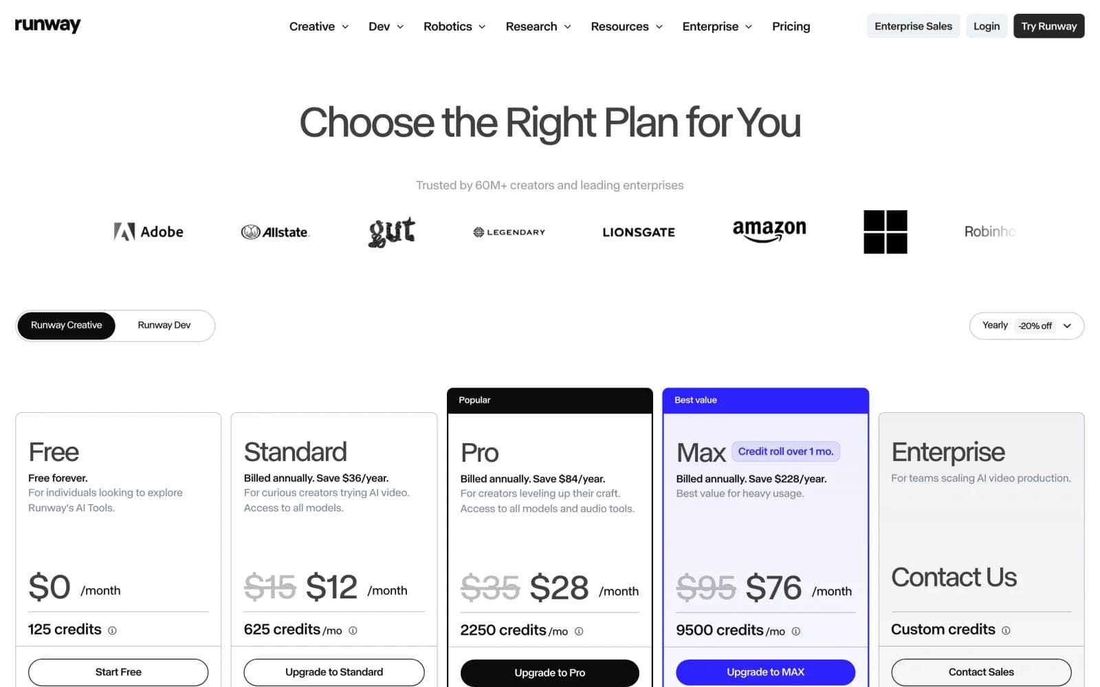 Runway pricing page showing Free, Standard, Pro, Max, and Enterprise plans with monthly credit allowances