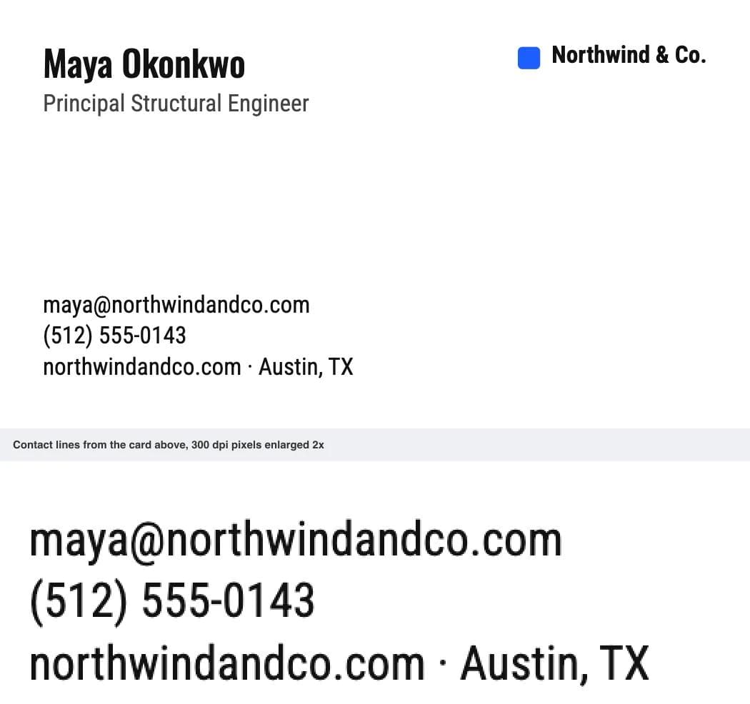 Business card with the name in Oswald and the body in Roboto Condensed at 300 dpi: name at 12 pt, title and three contact lines at 8 pt, with the contact lines enlarged below