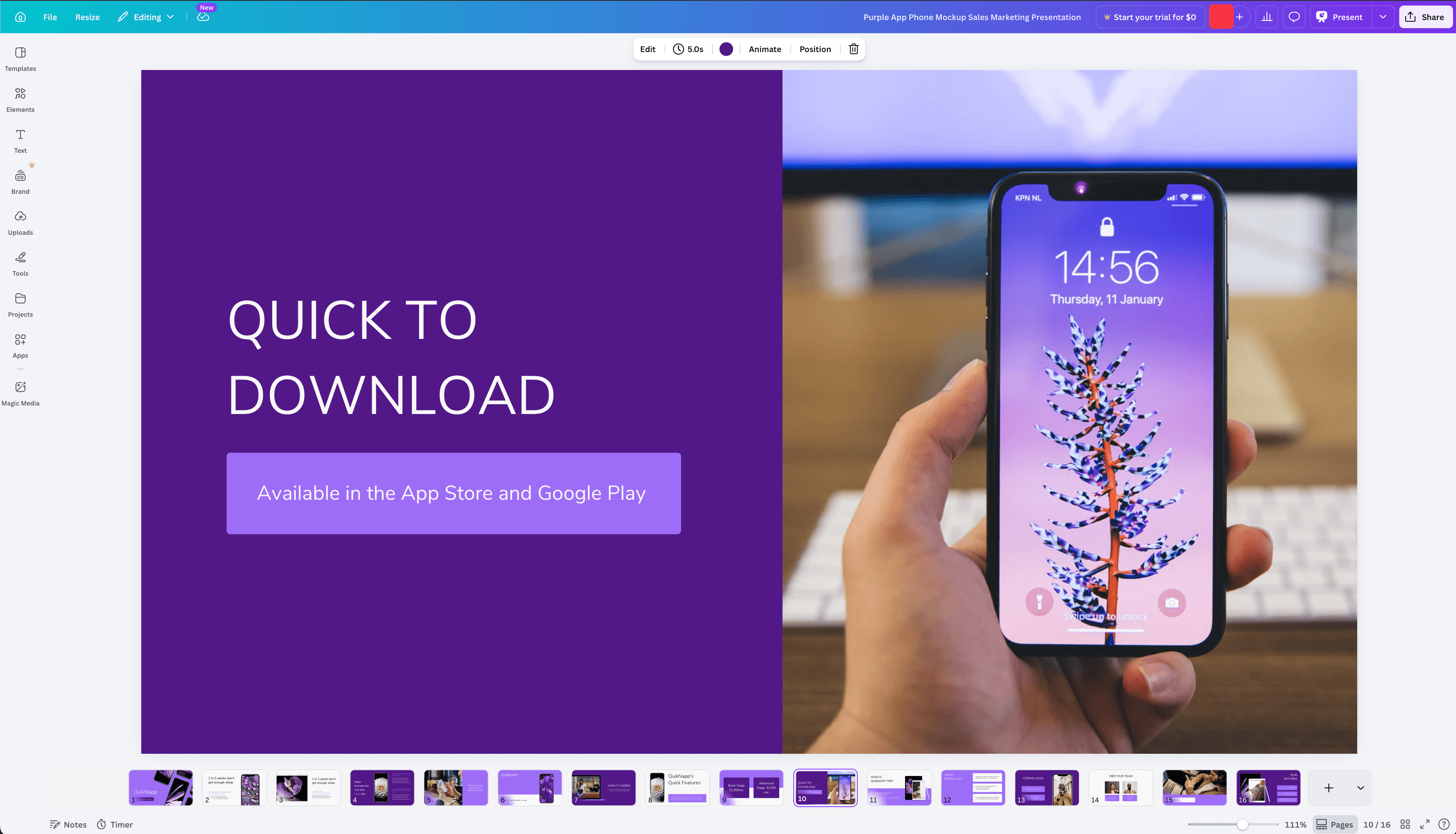 Canva editor showing a presentation template and its editable design elements