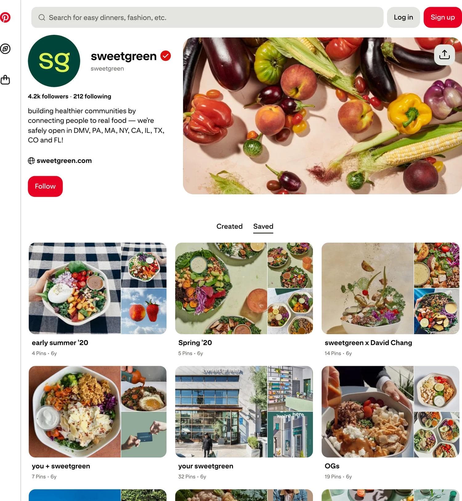 sweetgreen's Pinterest profile showing a bio with a pandemic era state list and boards all labelled six years old