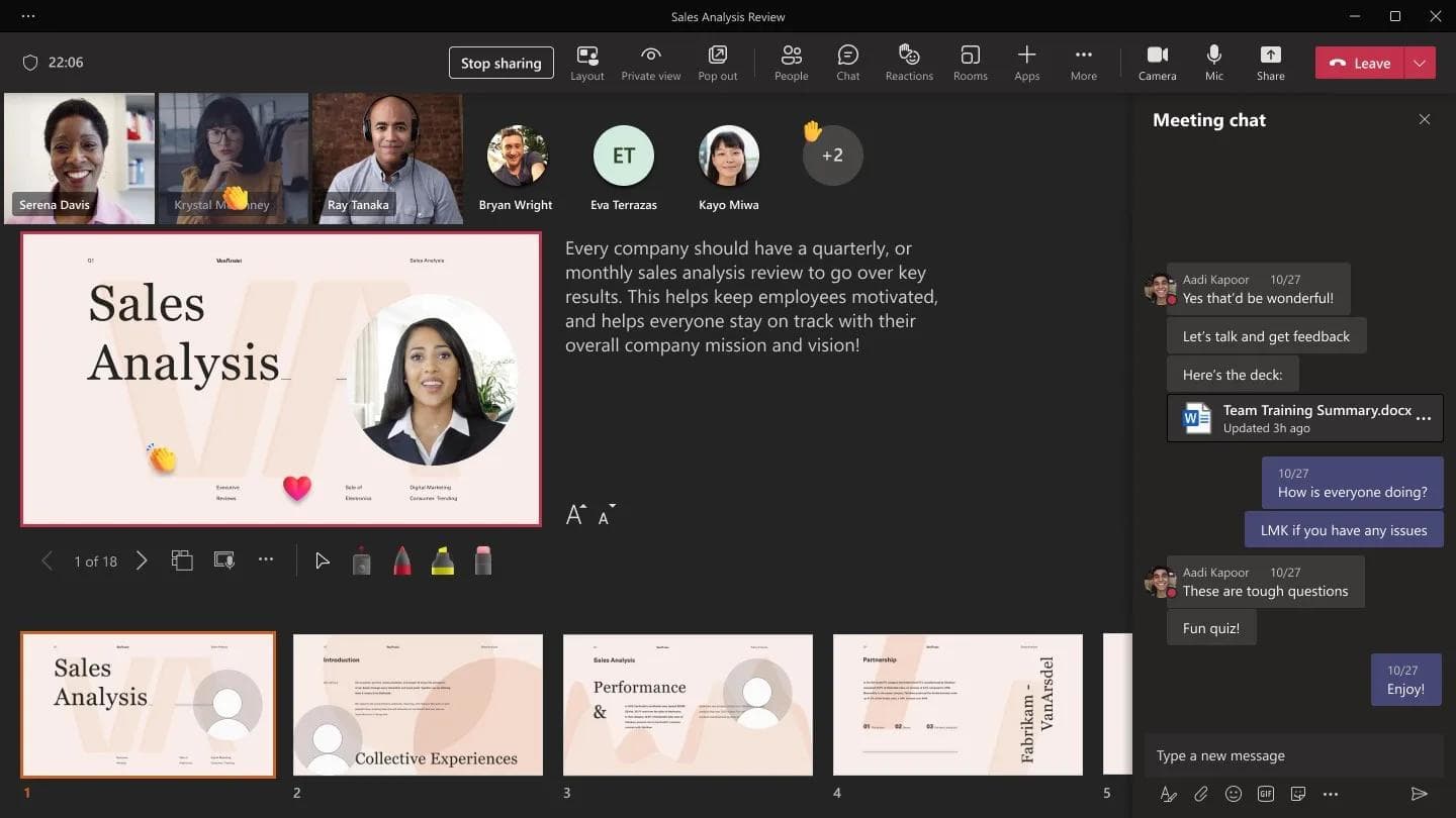 PowerPoint Live presenter view in Microsoft Teams with slides, audience video, notes and meeting chat visible