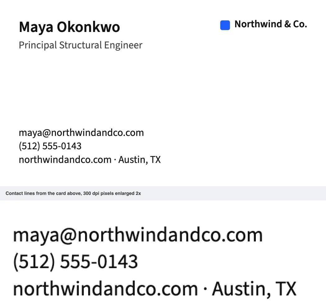 Business card in Source Sans 3 at 300 dpi: name at 12 pt semibold, title and three contact lines at 8 pt, with the contact lines enlarged below