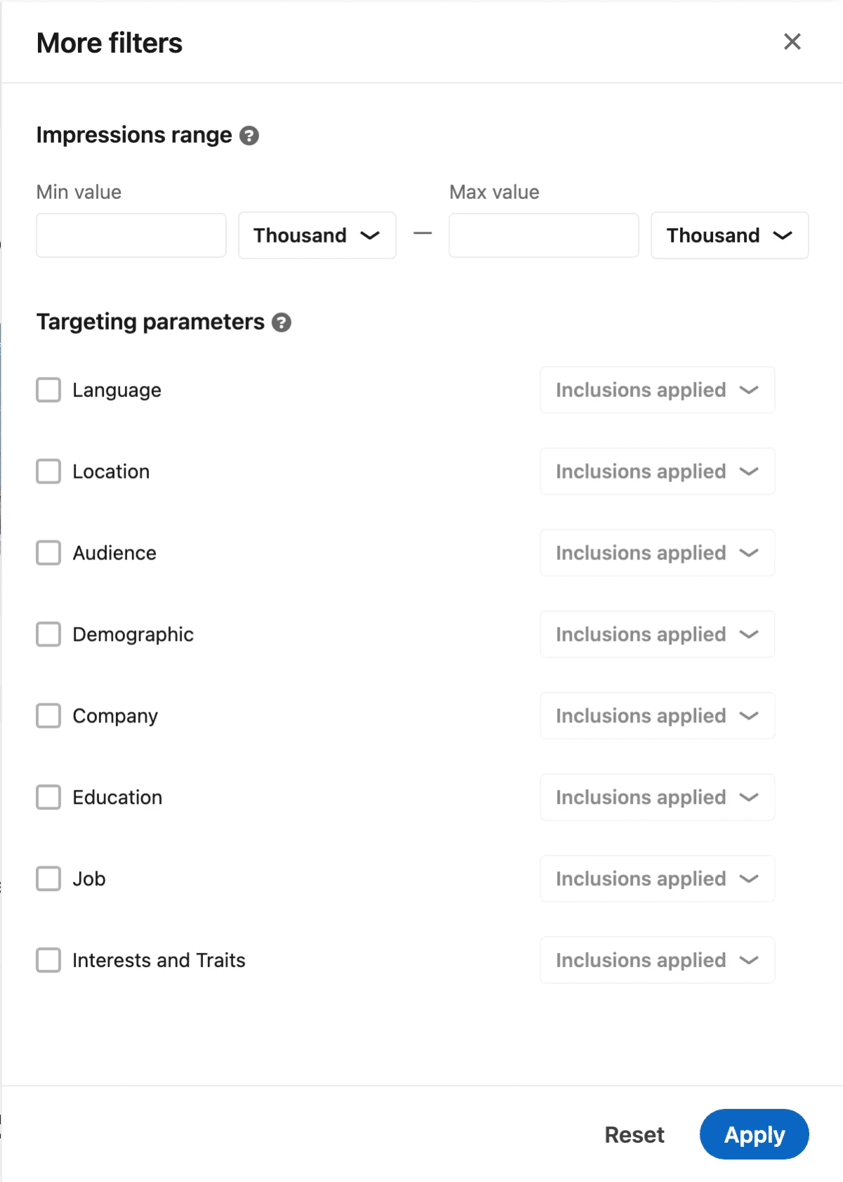 The More filters panel with an impressions range and targeting parameter filters