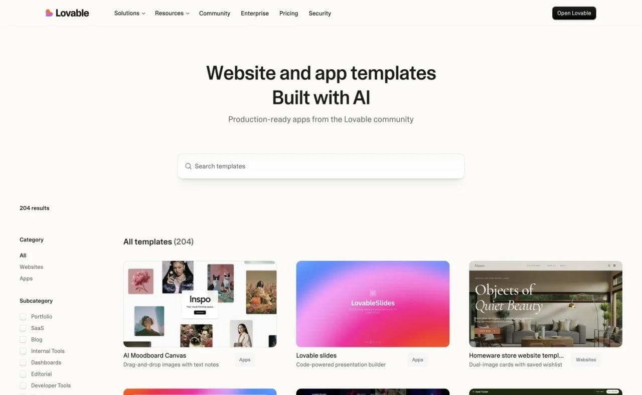 Lovable template library separating website and app templates with production-ready community examples