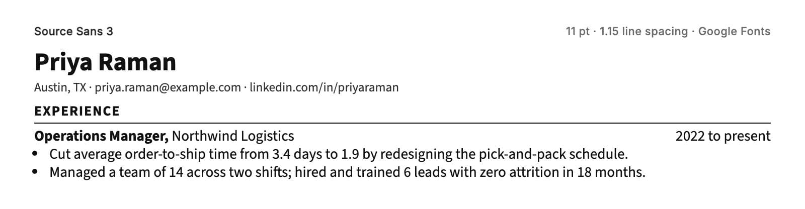 Source Sans 3 at 11 pt with 1.15 line spacing on the same resume header, section heading and two bullet points