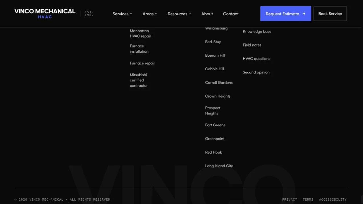Vinco Mechanical closing website section