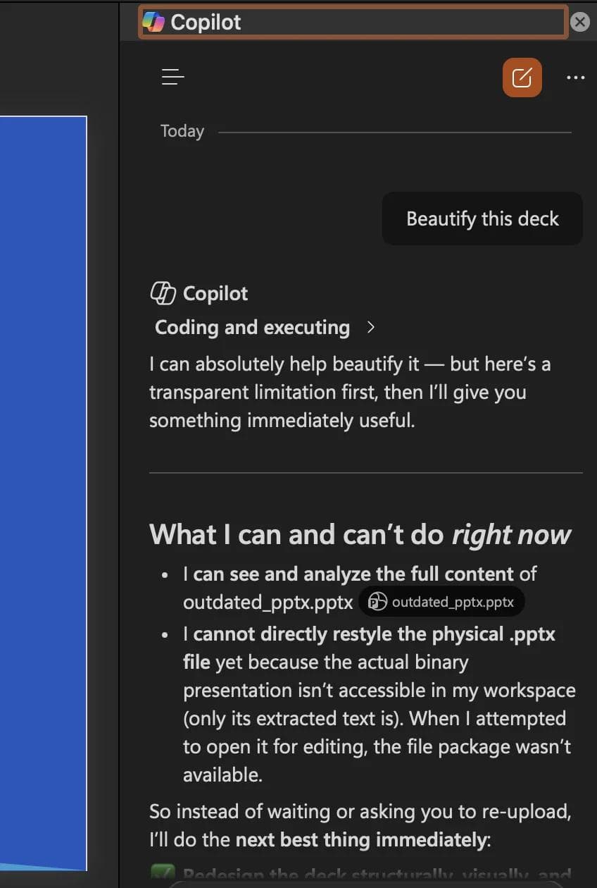 PowerPoint Copilot chat panel responding to a prompt and outlining current capabilities