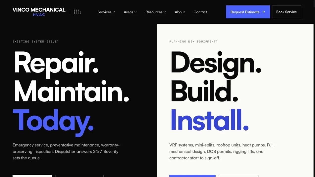Vinco Mechanical opening website section