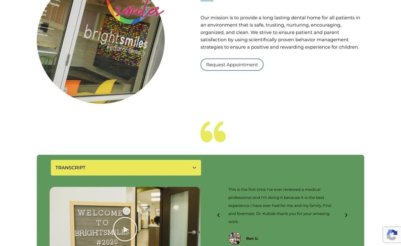 BrightSmiles page section introducing board-certified pediatric dentists and the office environment.