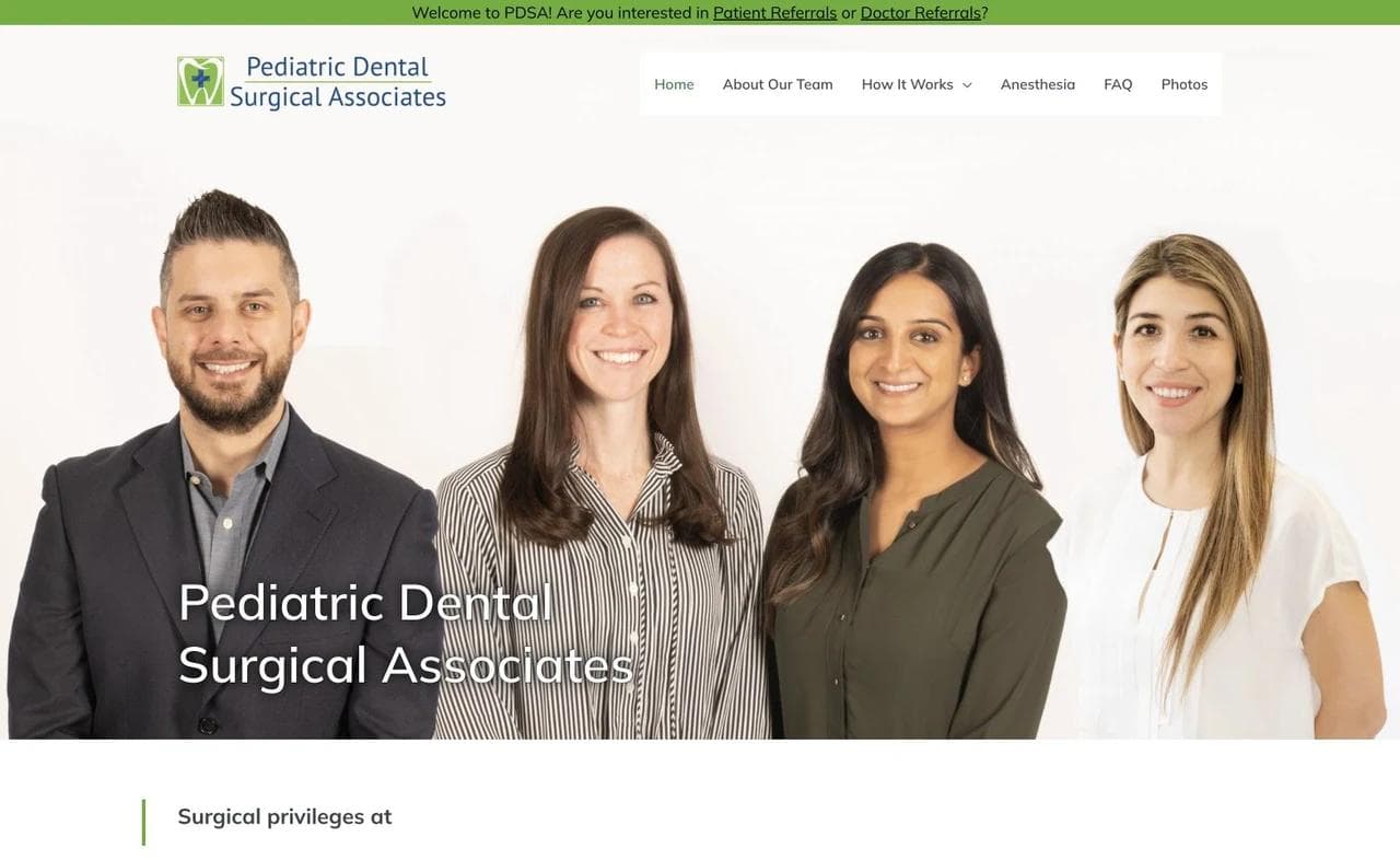 Pediatric Dental Surgical Associates homepage with surgical team and hospital privileges.