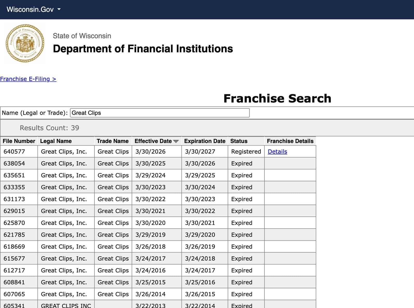 Wisconsin Department of Financial Institutions franchise search showing thirty-nine filings for Great Clips, with the 2026 registration marked Registered and a Details link