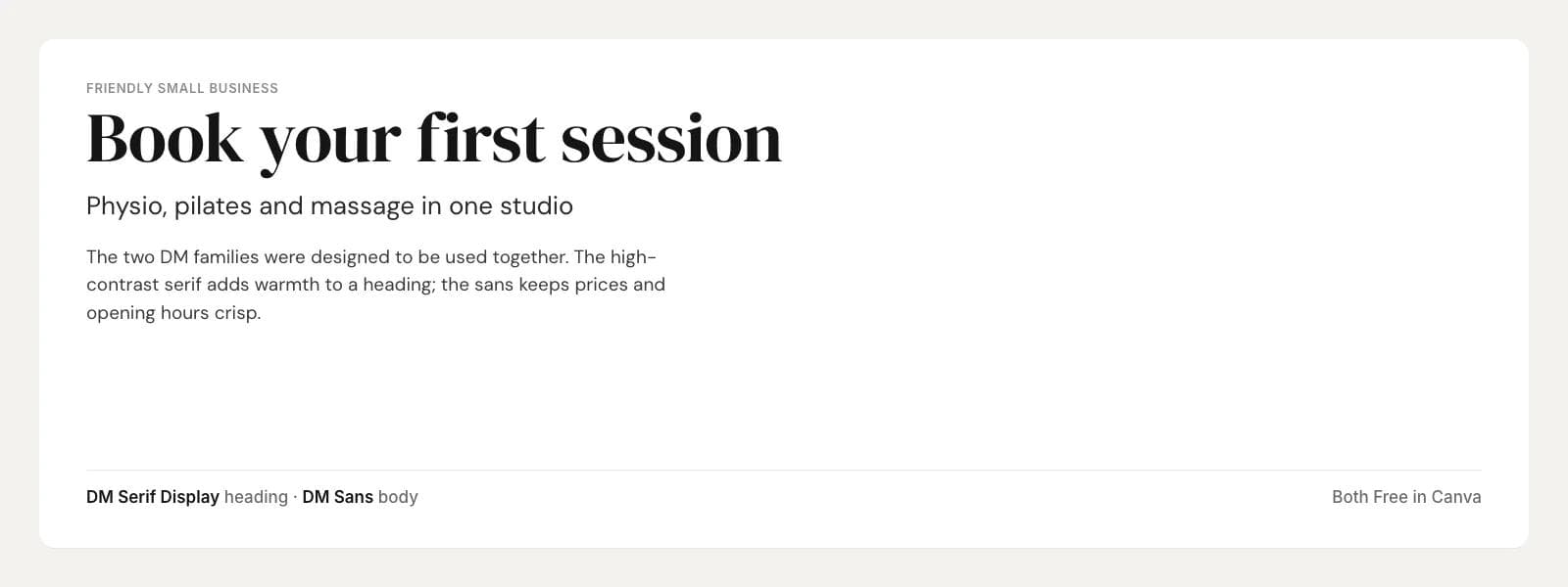 DM Serif Display heading over DM Sans body on a sample friendly small business layout: "Book your first session"