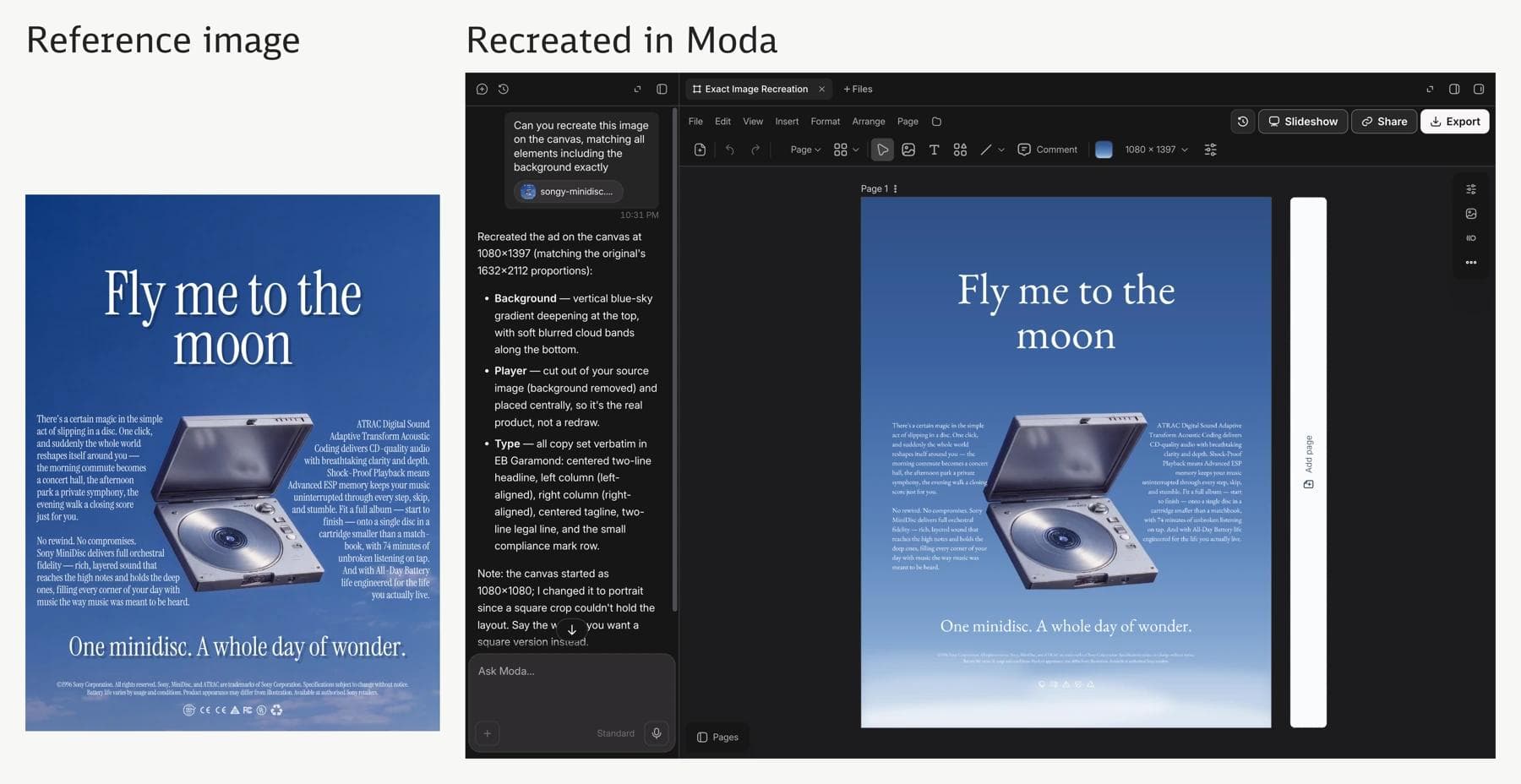 Reference image beside the Moda conversation and recreated canvas.