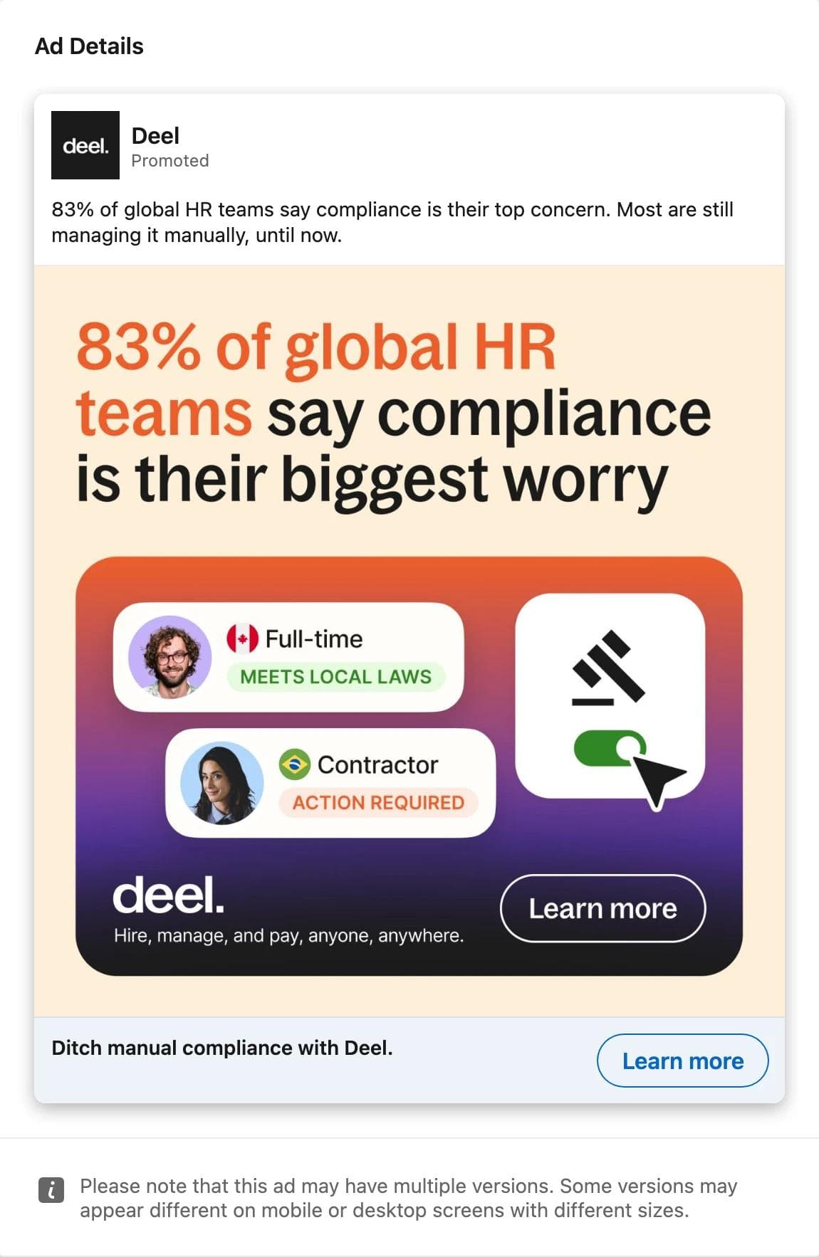 LinkedIn ad by Deel: a stat headline over an illustration of two worker cards marked compliant and action required