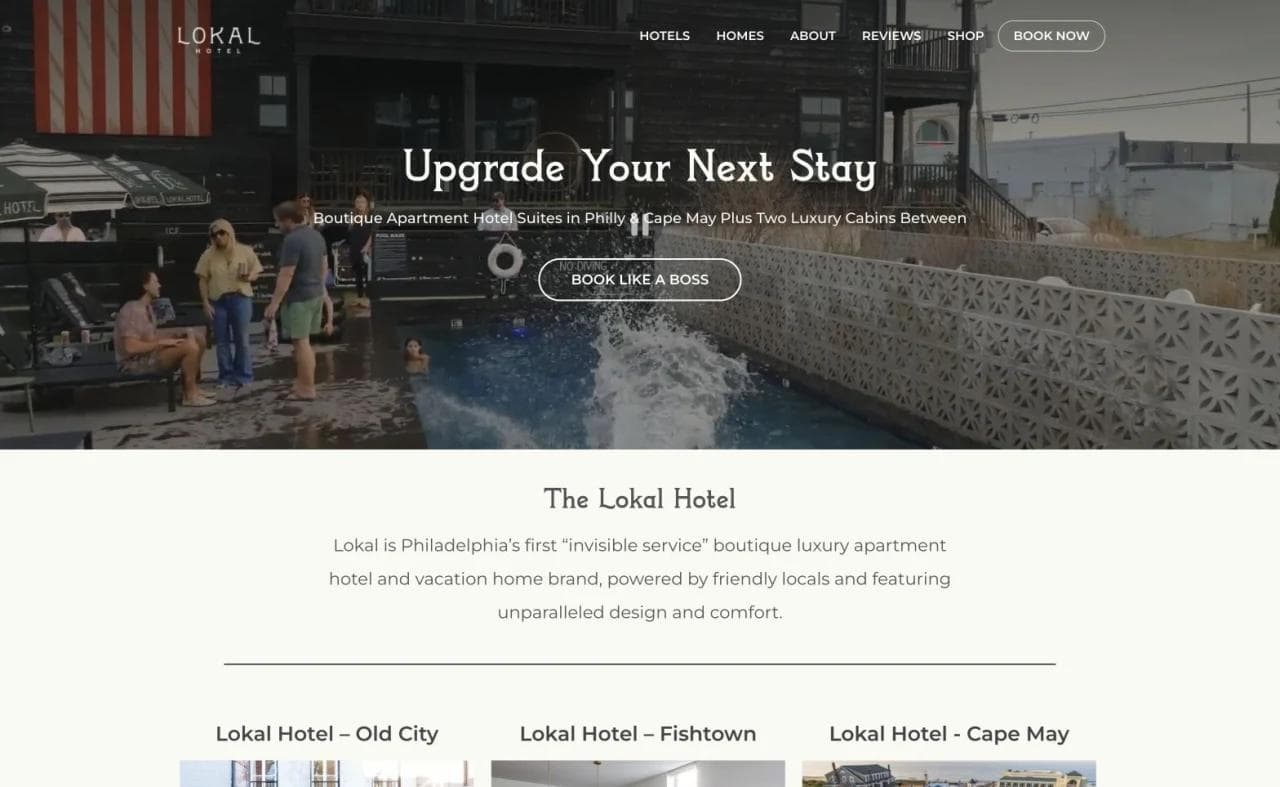 Lokal Hotel homepage hero promoting apartment-style boutique stays