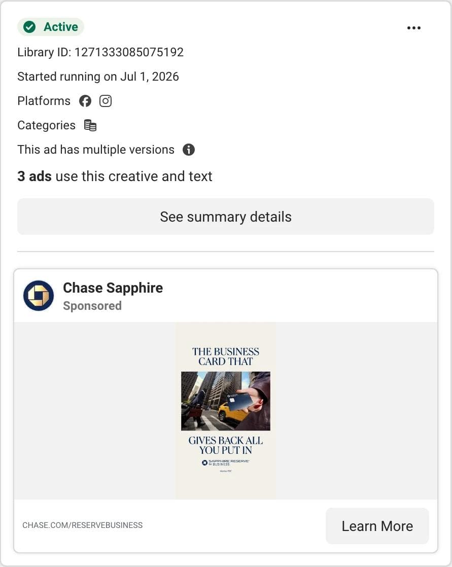 Meta Ad Library card for a Chase Sapphire image ad showing serif type above and below a photo of a hand holding a card on a city street