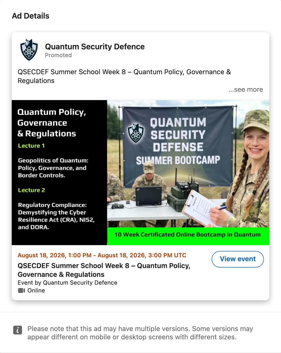 LinkedIn event ad by Quantum Security Defence: a lecture list on a black panel beside a photo of a summer bootcamp banner, with the event date August 18, 2026 and a View event button
