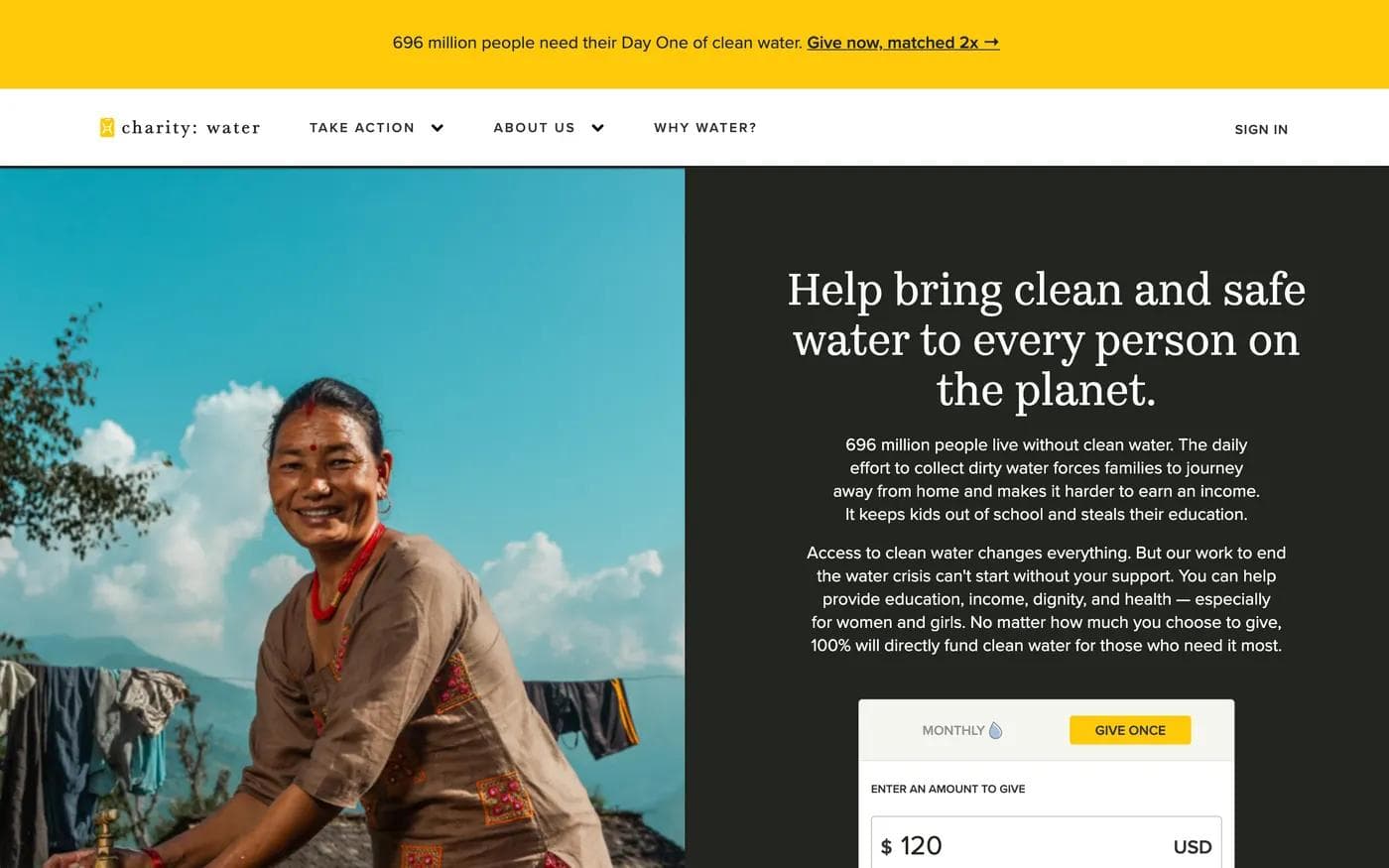 charity: water donate page with a photo, the headline Help bring clean and safe water to every person on the planet, and a donation widget preset to 120 dollars