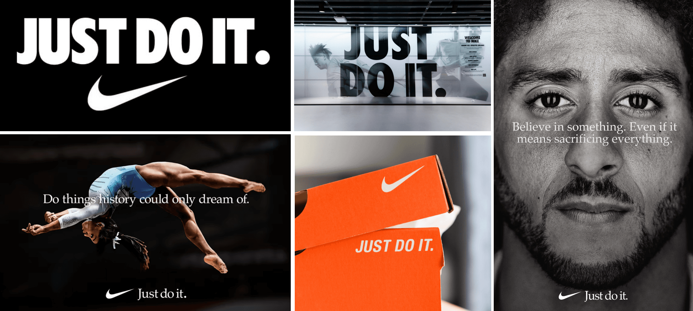 A collage of Nike campaigns showing consistent typography, photography, and logo use across different formats