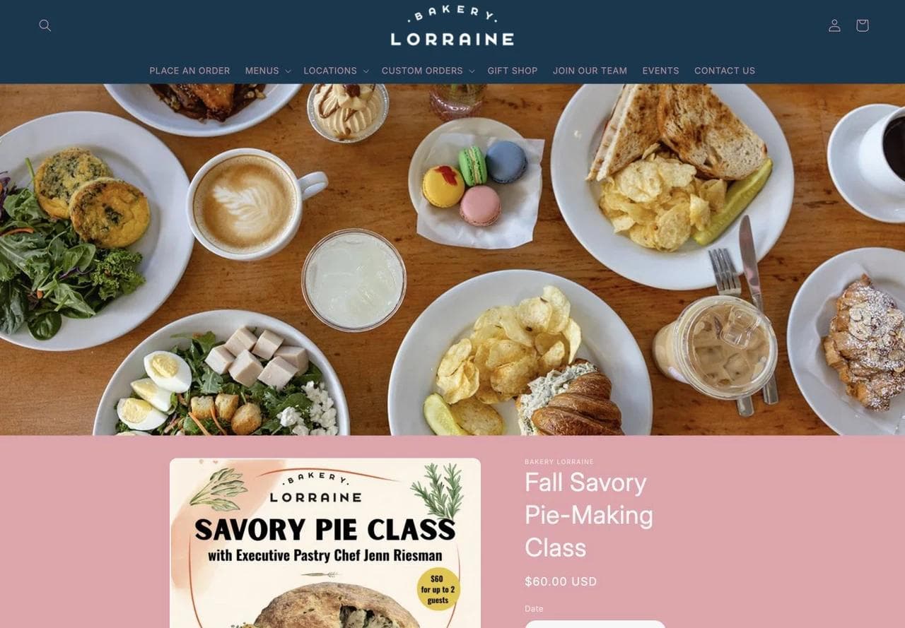 Bakery Lorraine homepage selling a dated savory pie-making class with price and cart controls.
