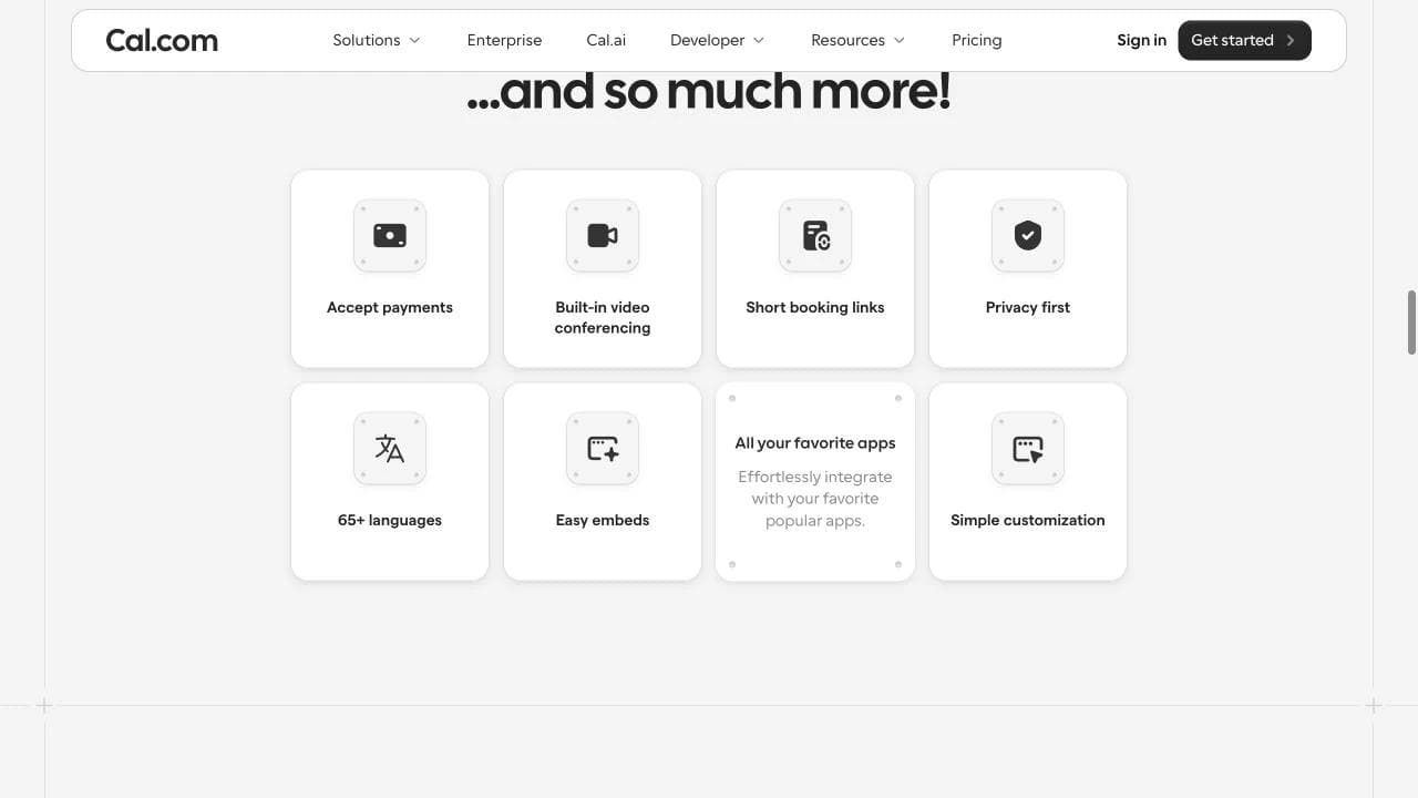 Cal.com secondary feature grid with payments, video, privacy, languages, embeds, and integrations