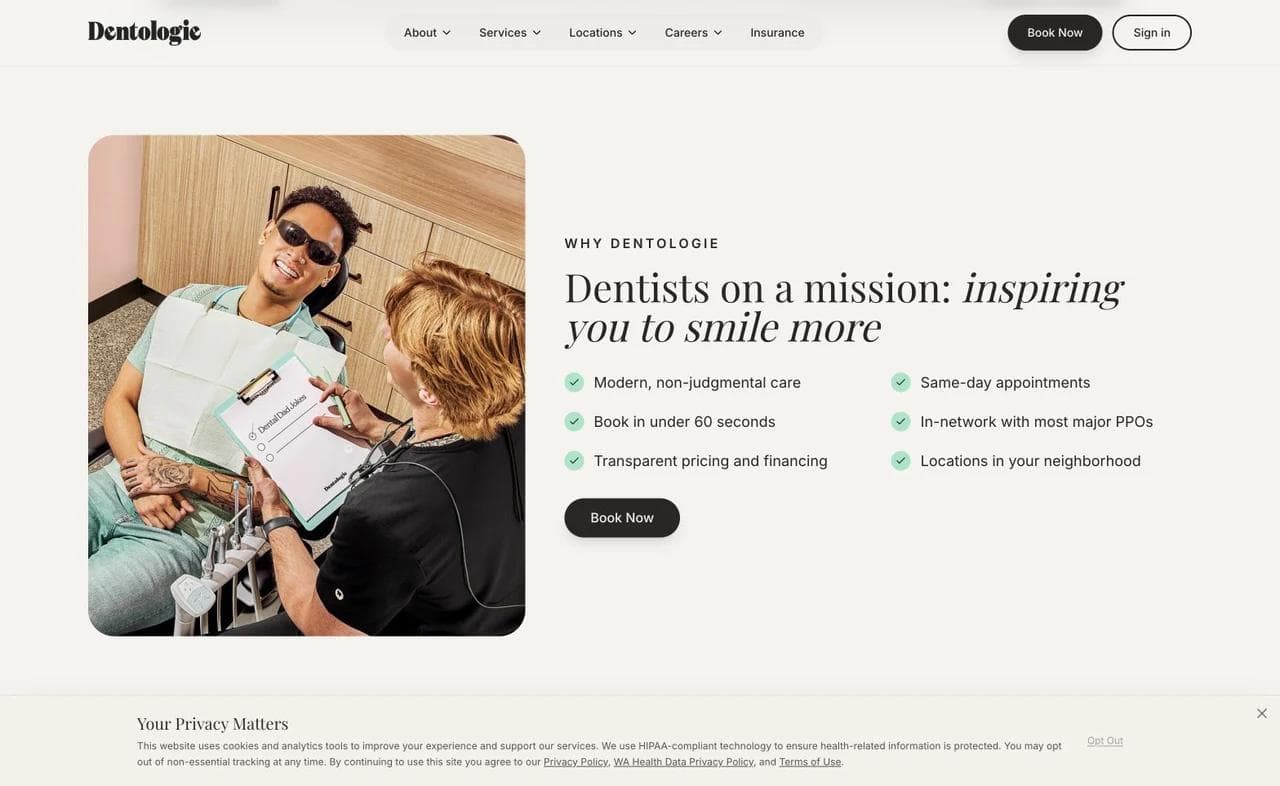 Dentologie service section describing modern dentistry, appointments, insurance, and location access.