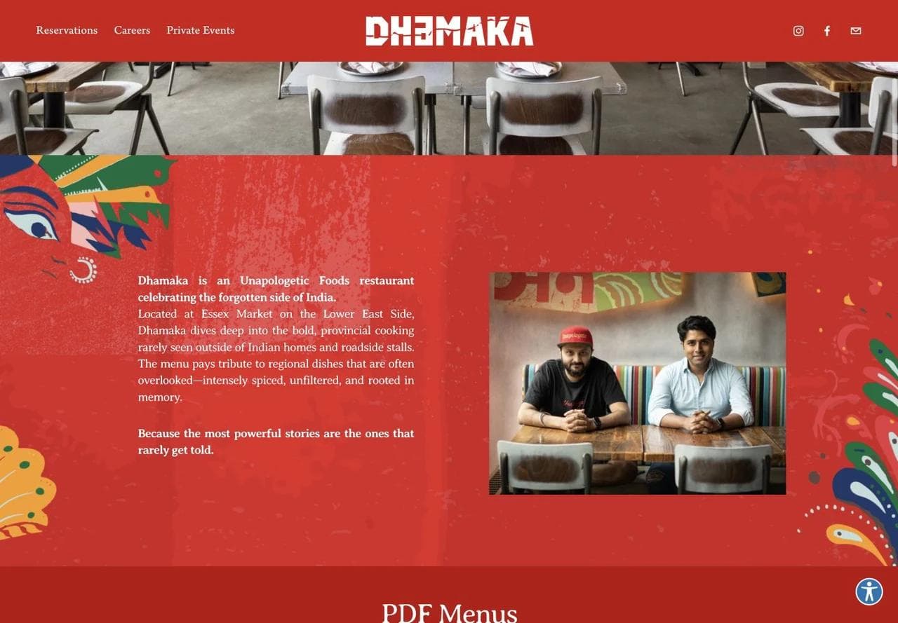 Dhamaka positioning statement about regional Indian cooking followed by beverage, lunch, and dinner PDF menu links.