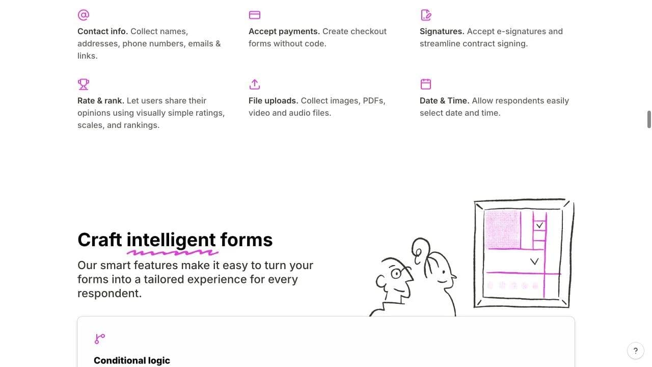 Tally landing page section introducing conditional logic and advanced form capabilities