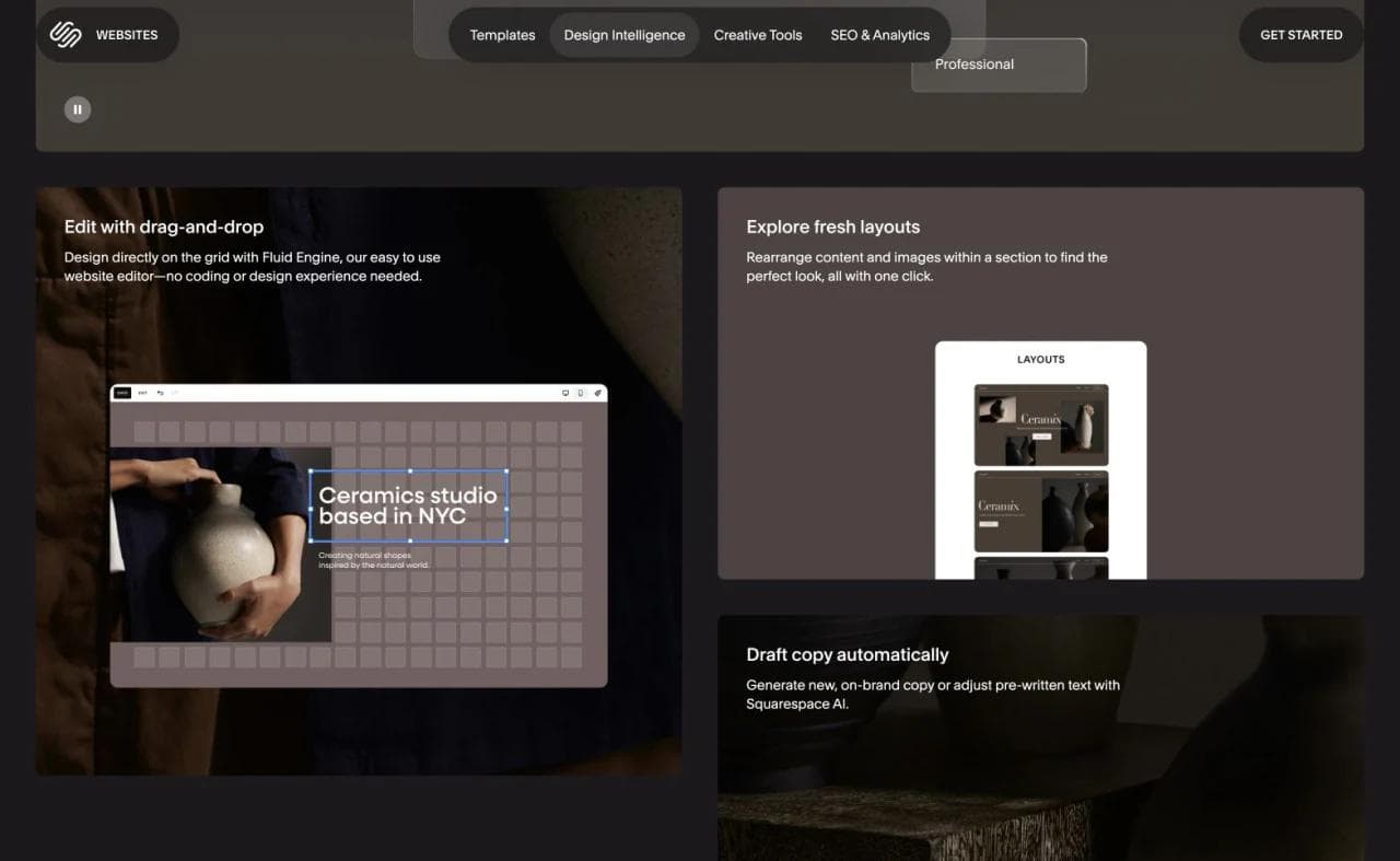 Squarespace Fluid Engine drag-and-drop editor beside layout choices and AI copy controls