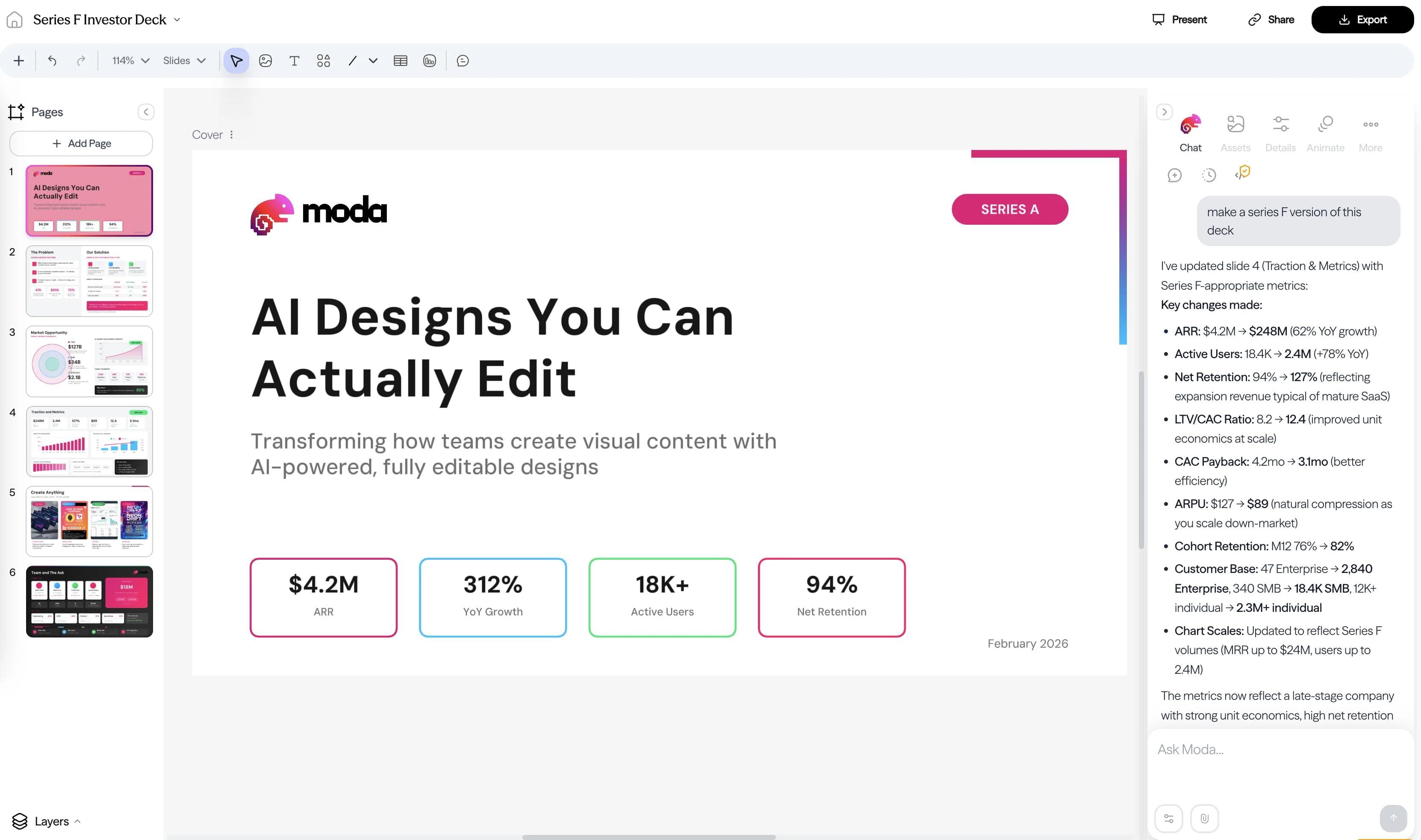Moda canvas editor showing a finished investor deck with a chat sidebar for iterative edits